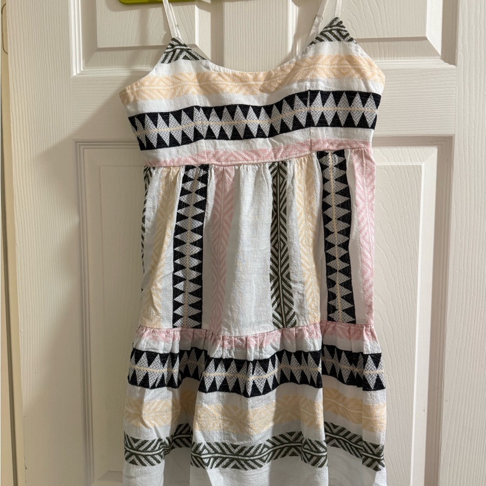 Ami White Mini Dress with Black Geo Stripes and Soft Pink & Pale Yellow Accents